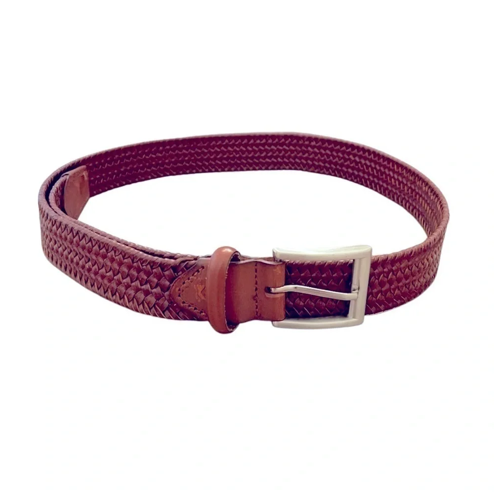 Genuine Italian Leather woven Belt in Cognac Size 36/91 Hidden Elastic Stretch